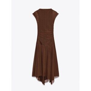 Zara Gathered Mesh Tulle Maxi Midi Dress Brown Size Medium